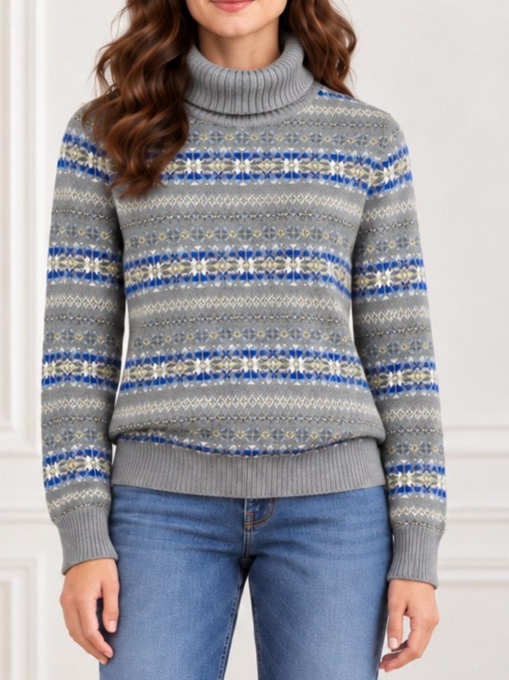 Lands’ End Large Petite Fair Isle Wool Blend Turtleneck Sweater Gray Blue NWOT